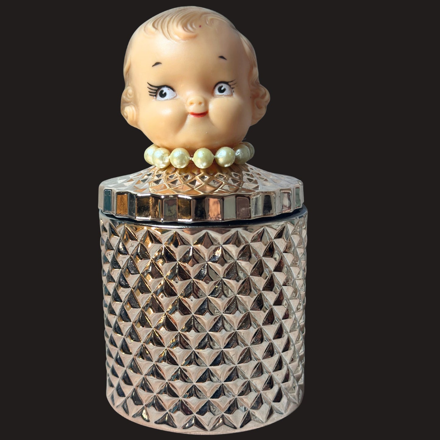 Vintage 50's Campbell Kewpie Doll Head Jar – Rose Gold Diamond Vanity Glass