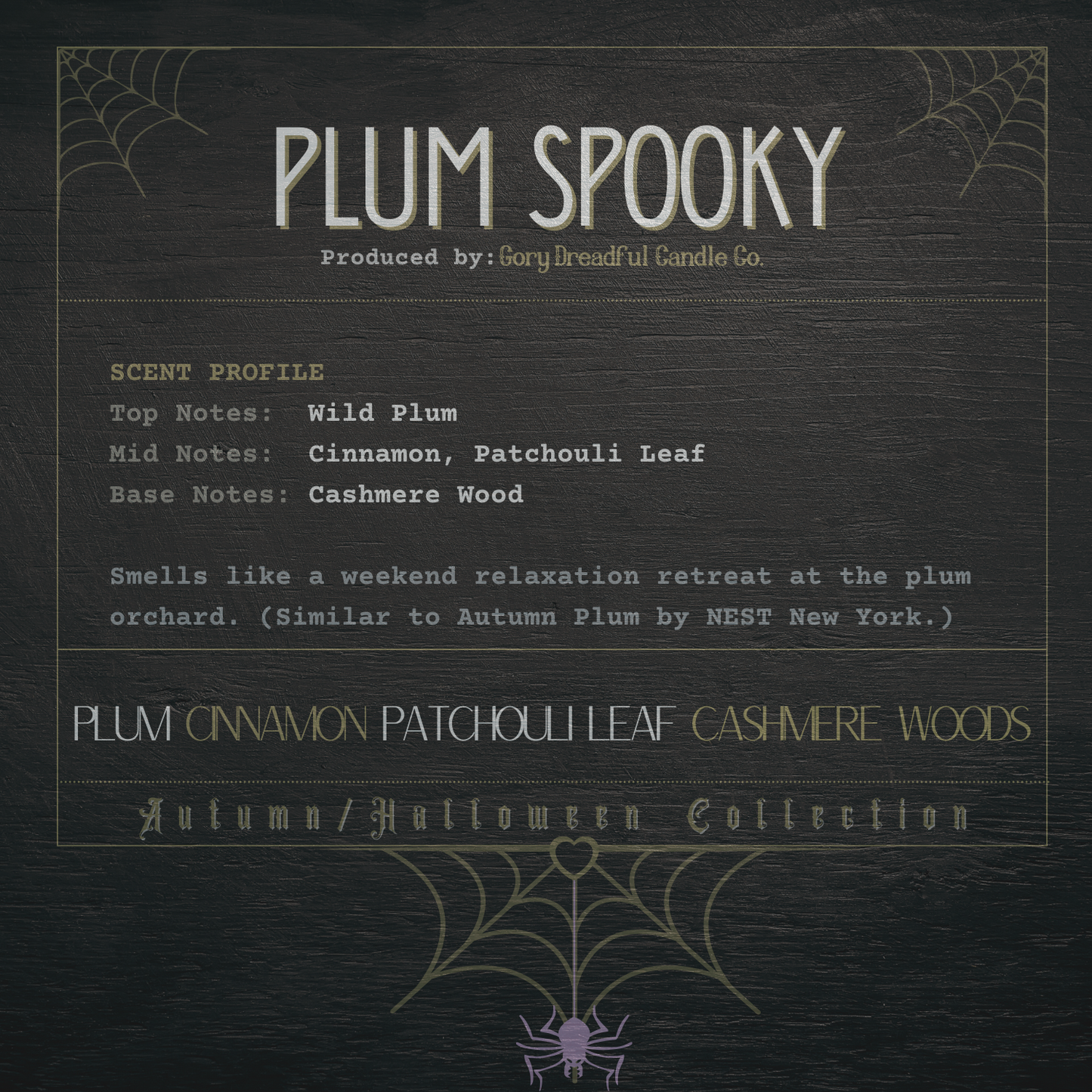 Plum Spooky Crackling Wooden Wick Candle: Plum Cinnamon Patchouli Leaf Cashmere Woods Scent