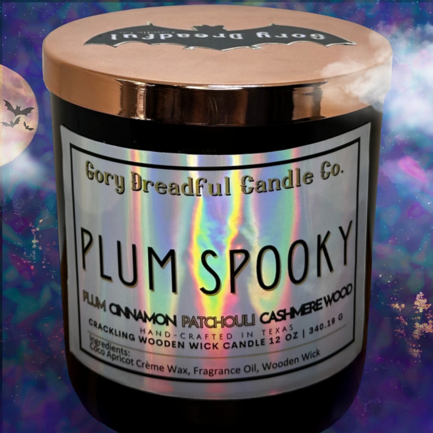 Plum Spooky Crackling Wooden Wick Candle: Plum Cinnamon Patchouli Leaf Cashmere Woods Scent