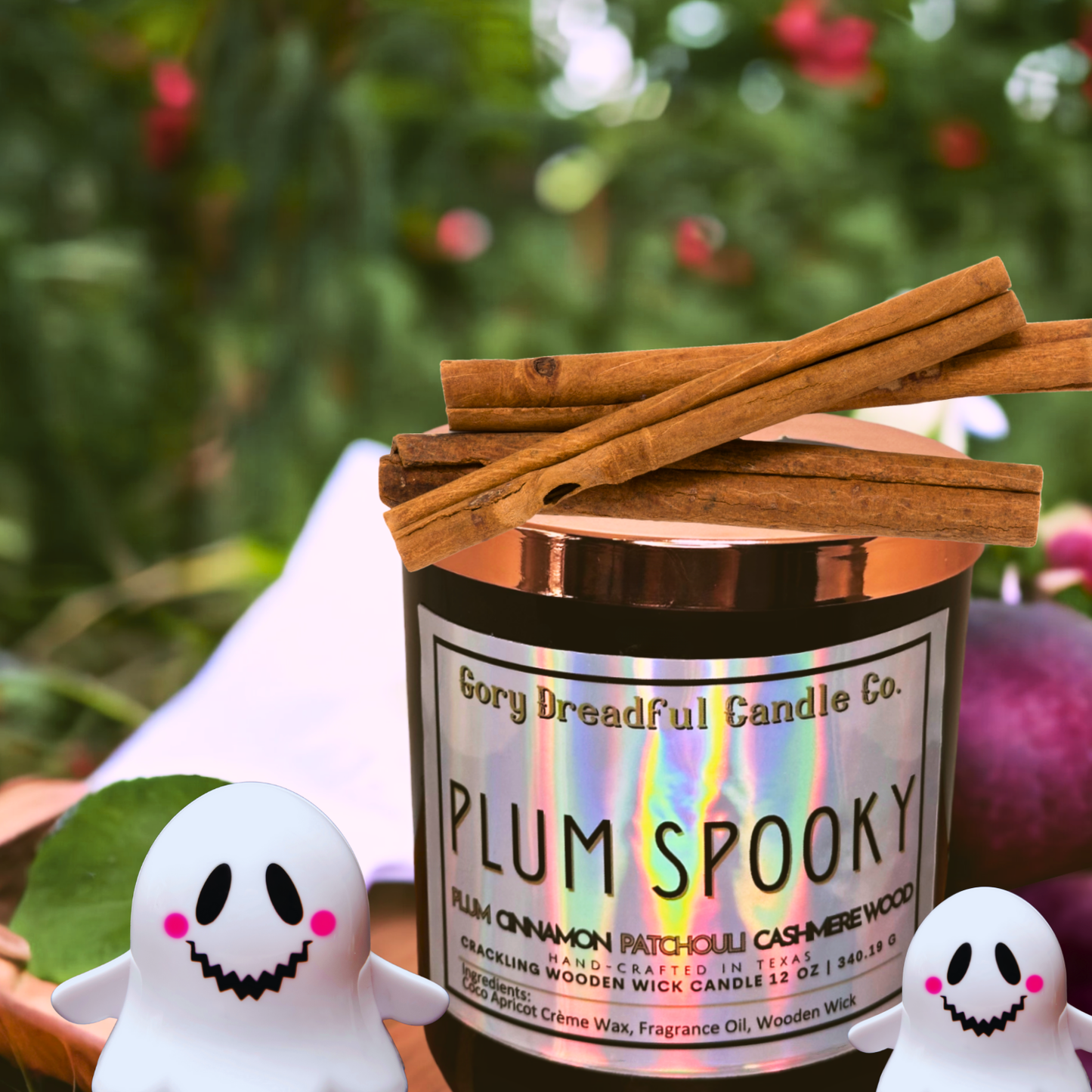Plum Spooky Crackling Wooden Wick Candle: Plum Cinnamon Patchouli Leaf Cashmere Woods Scent