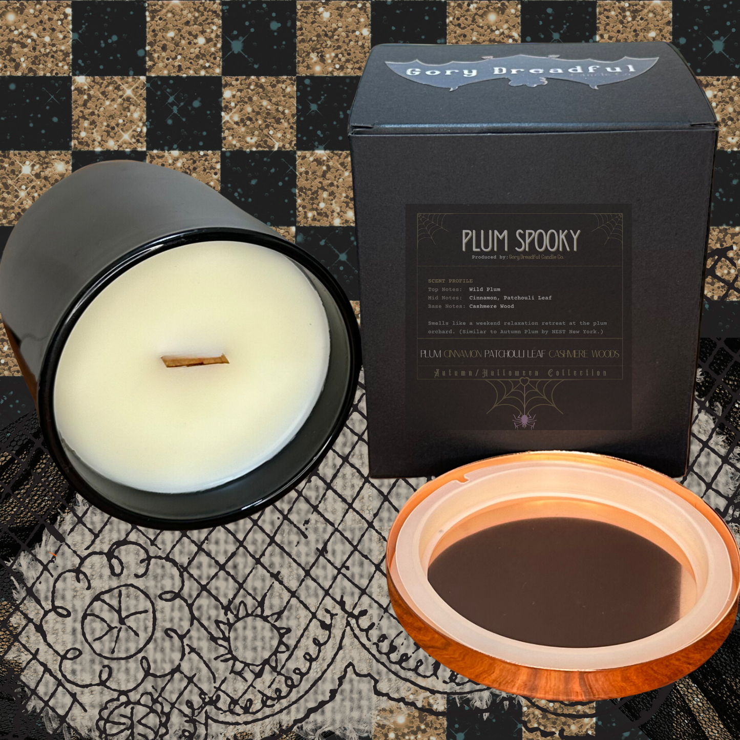Plum Spooky Crackling Wooden Wick Candle: Plum Cinnamon Patchouli Leaf Cashmere Woods Scent