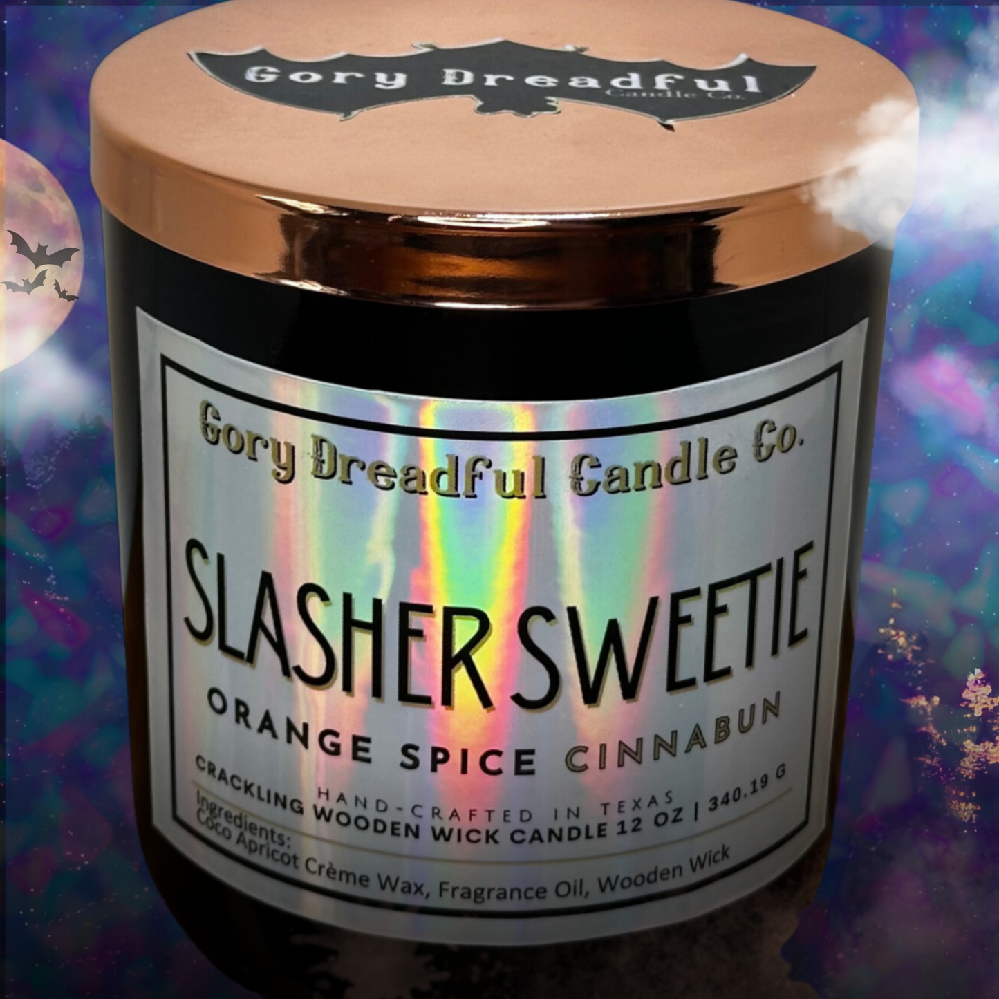 Slasher Sweetie Crackling Wooden Wick Candle: Orange Spice Cinnabun Scent