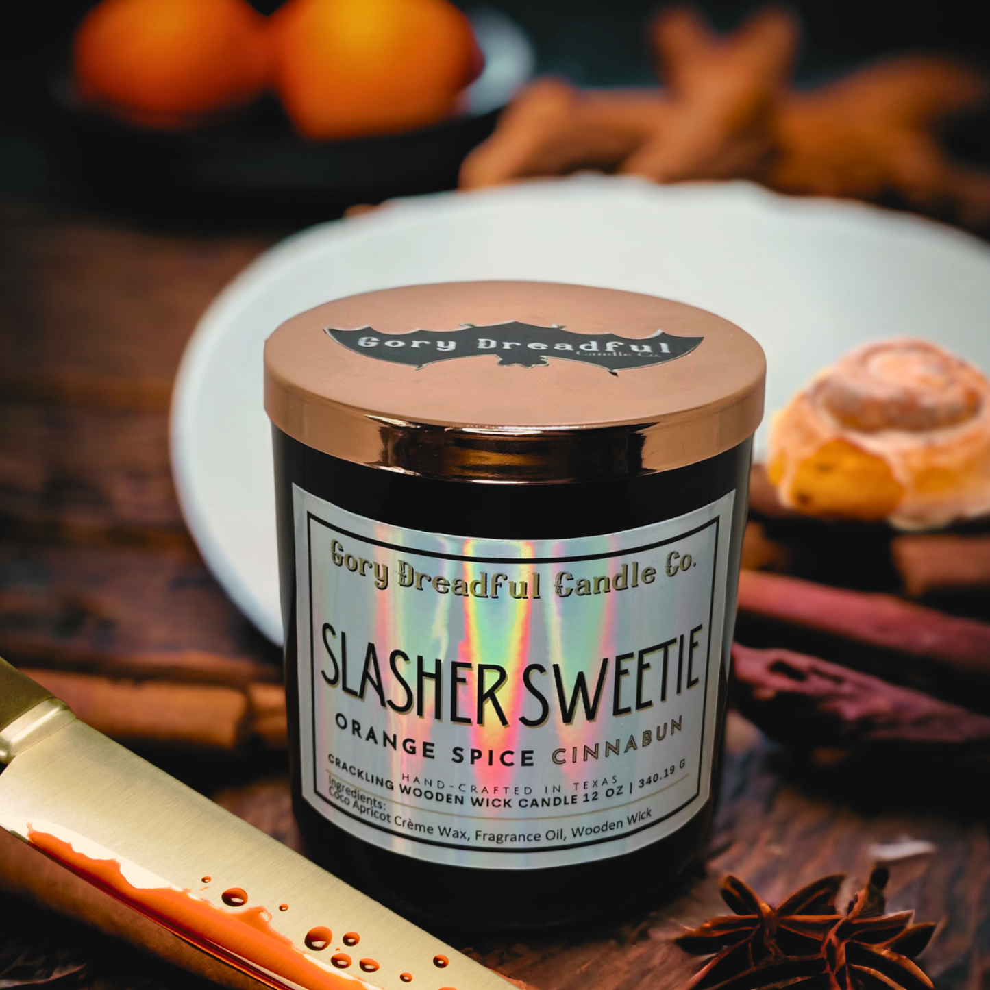 Slasher Sweetie Crackling Wooden Wick Candle: Orange Spice Cinnabun Scent