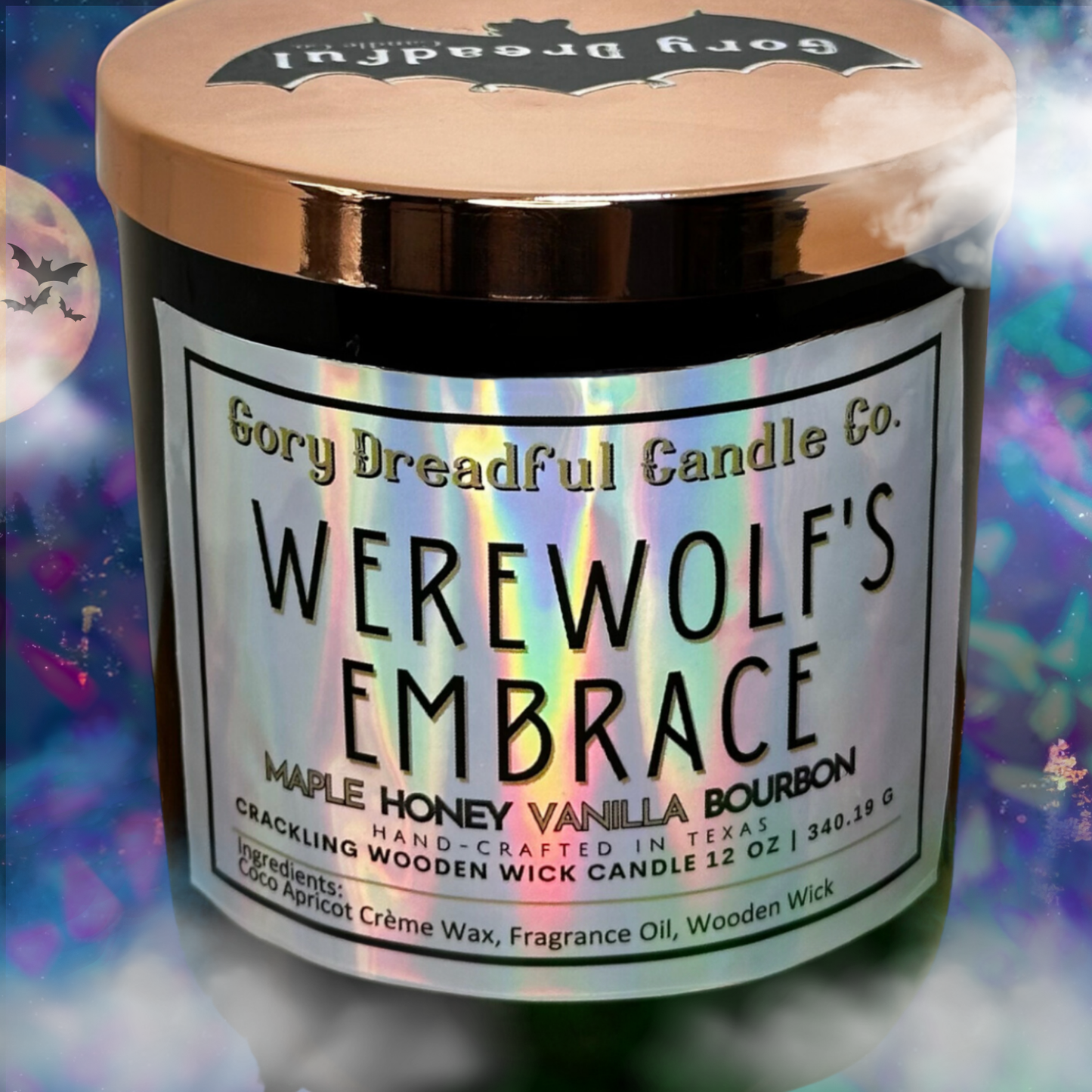 Werewolf's Embrace Crackling Wooden Wick Candle: Maple Honey Vanilla Bourbon Scent