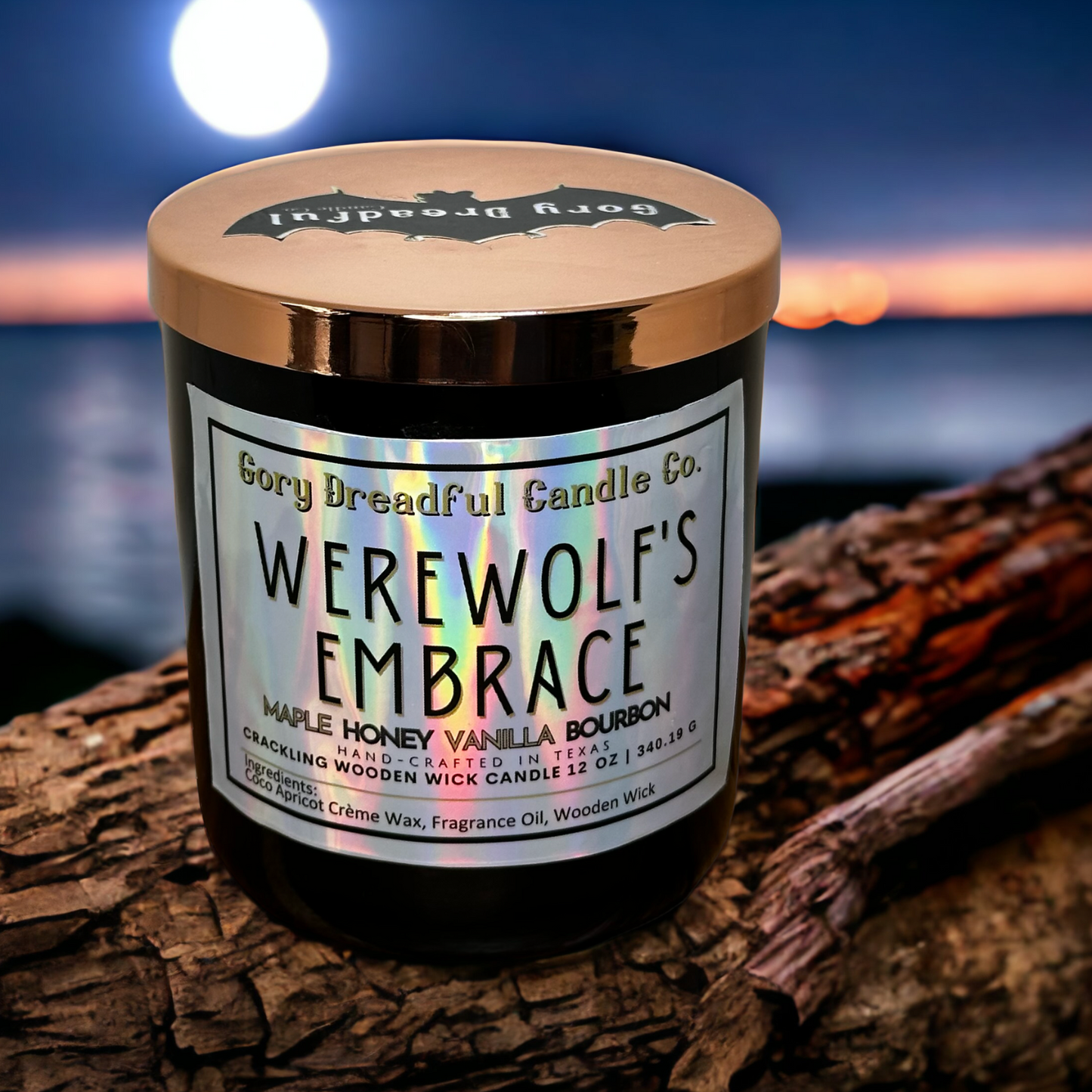 Werewolf's Embrace Crackling Wooden Wick Candle: Maple Honey Vanilla Bourbon Scent