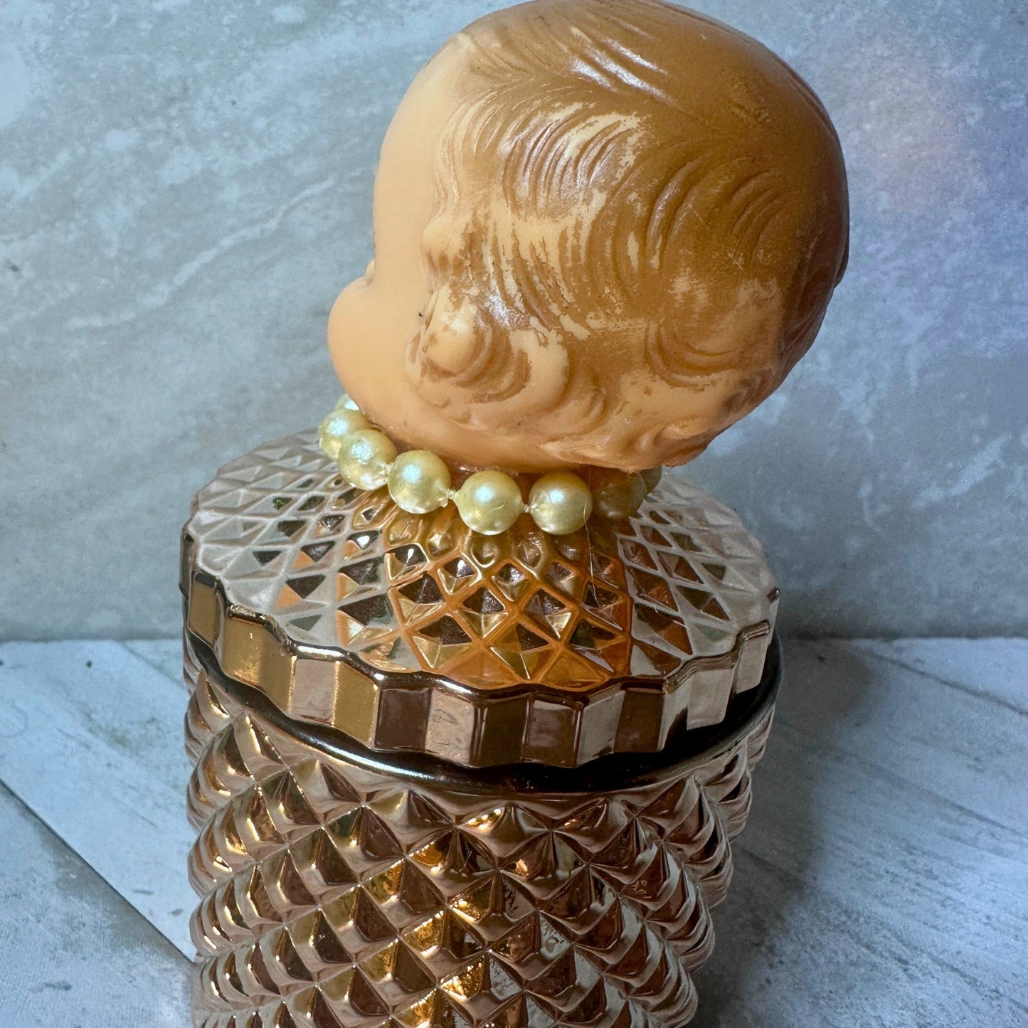 Vintage 50's Campbell Kewpie Doll Head Jar – Rose Gold Diamond Vanity Glass