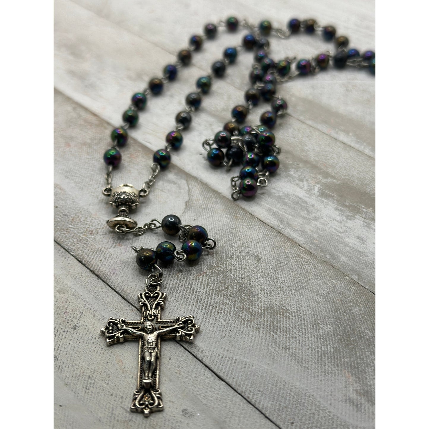 Vintage Black Iridescent Glass Bead Rosary, Catholic Prayer Beads, Silvertone Crucifix