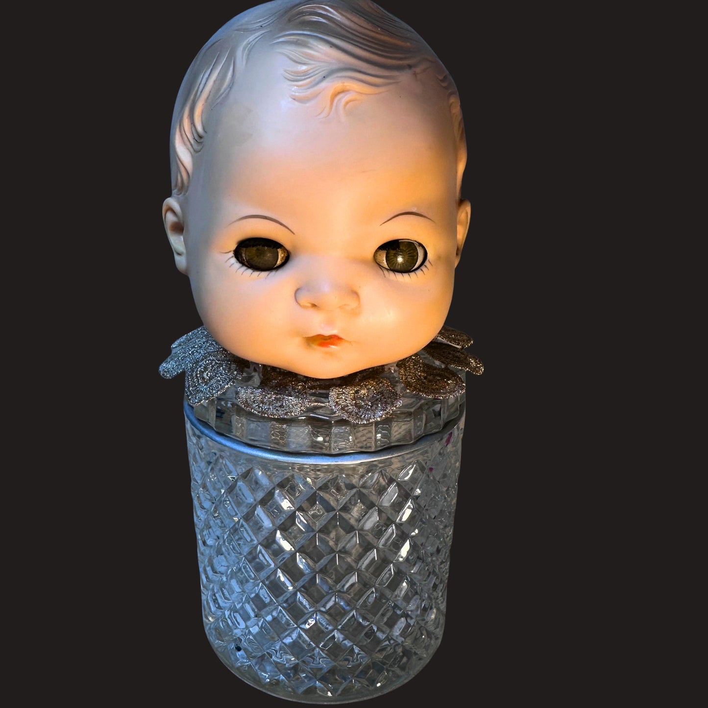 Vintage Doll Head Glass Keepsake Jar - Gothic Kitsch Creepy Cute Oddities Decor