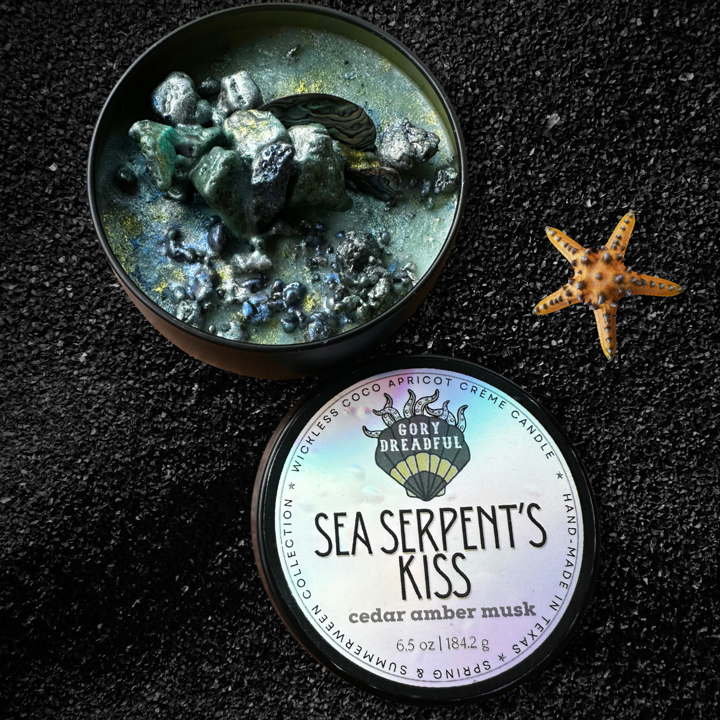 SEA SERPENT'S KISS Wickless Candle - Coco Apricot Crème Wax 6.5 oz : Cedar Amber Musk Scent