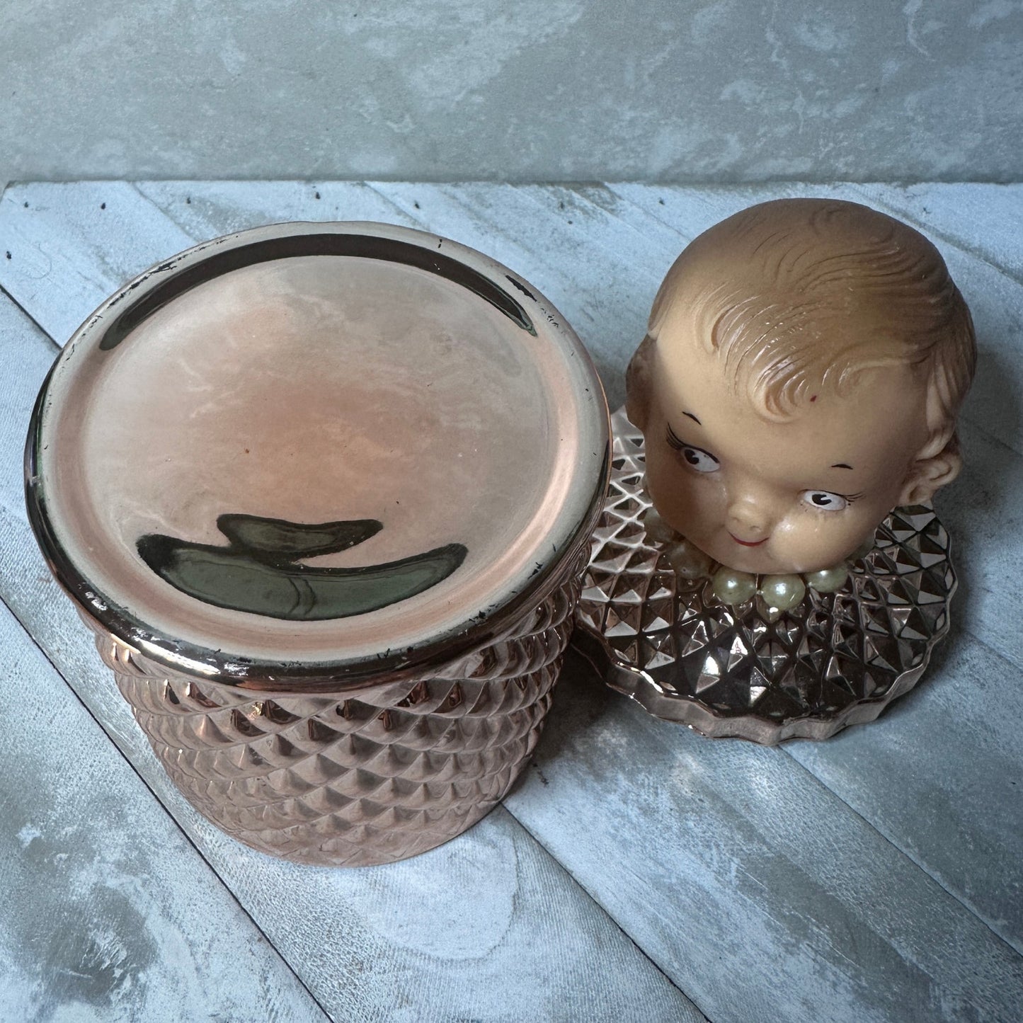Vintage 50's Campbell Kewpie Doll Head Jar – Rose Gold Diamond Vanity Glass