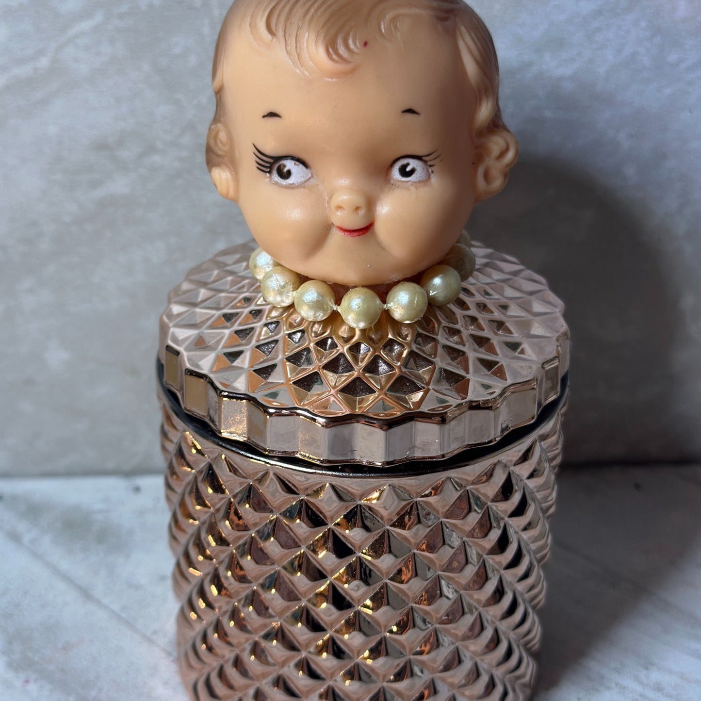 Vintage 50's Campbell Kewpie Doll Head Jar – Rose Gold Diamond Vanity Glass