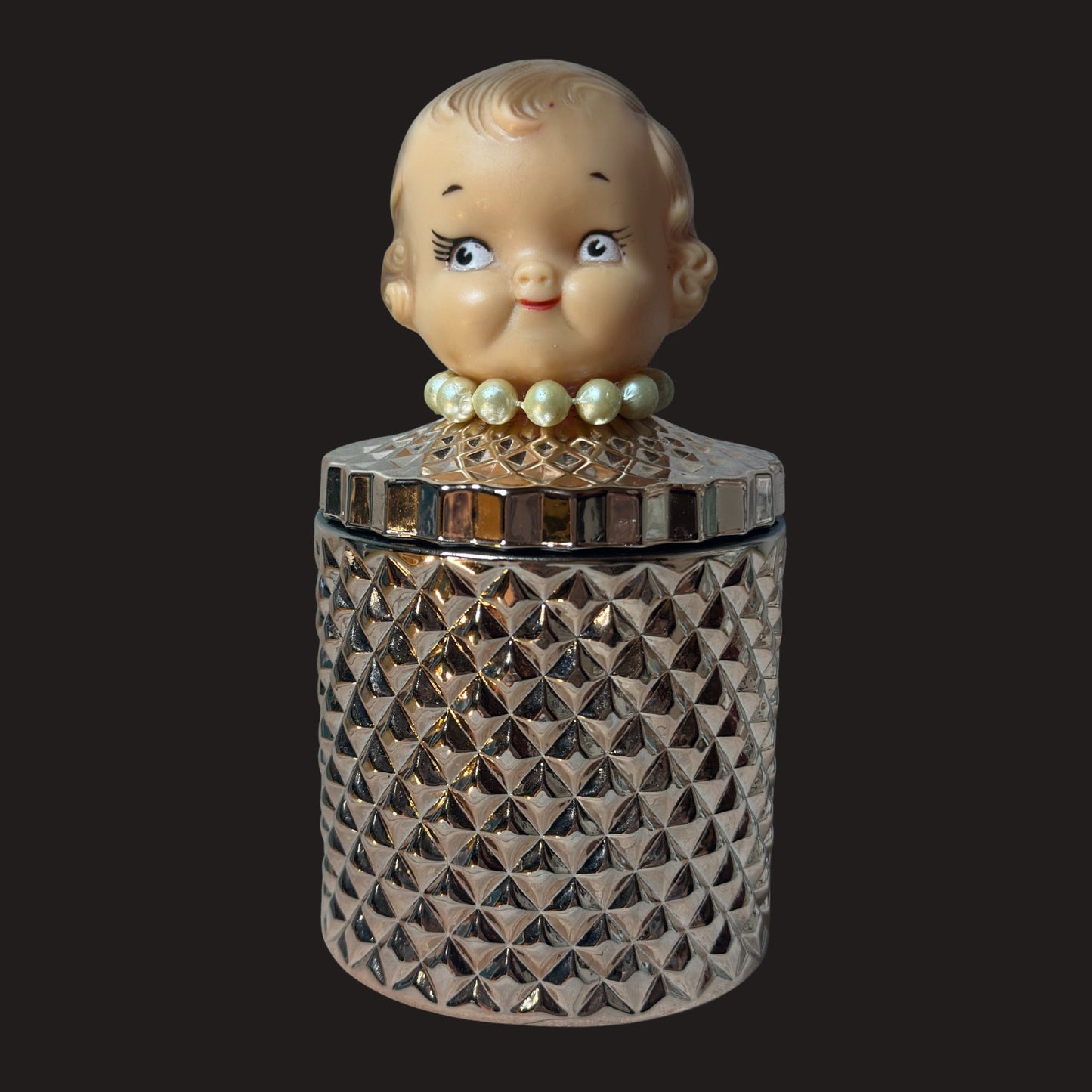 Vintage 50's Campbell Kewpie Doll Head Jar – Rose Gold Diamond Vanity Glass