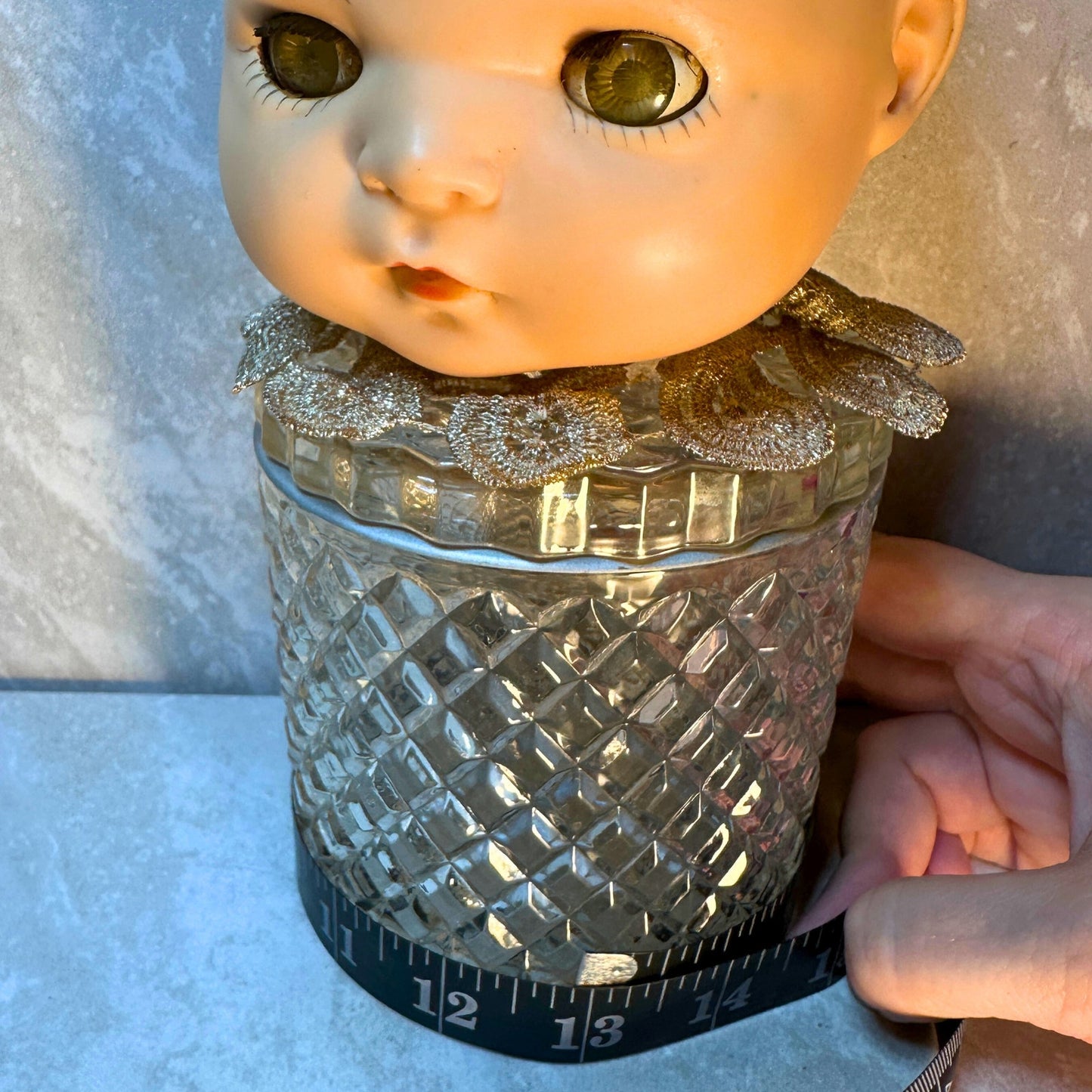 Vintage Doll Head Glass Keepsake Jar - Gothic Kitsch Creepy Cute Oddities Decor