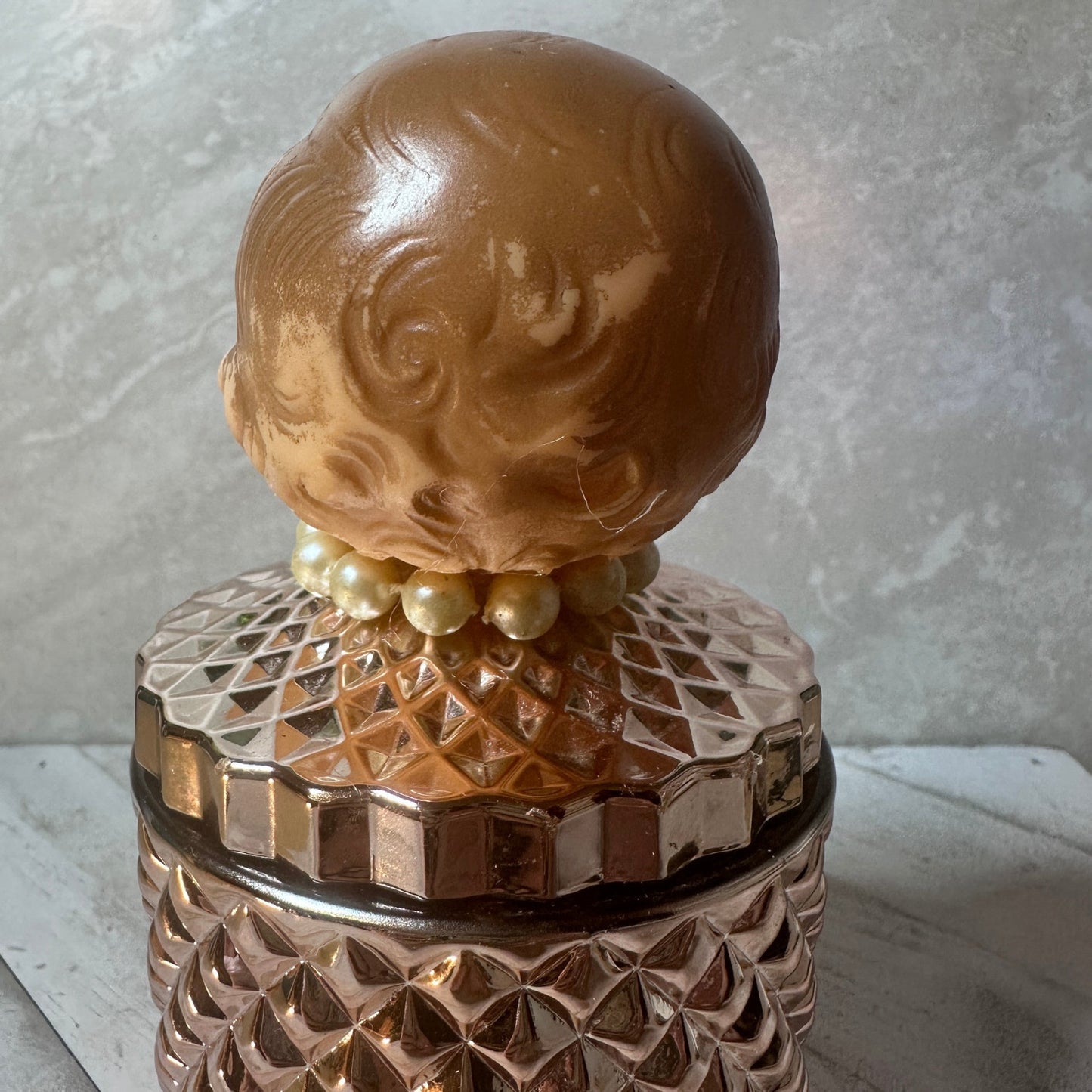 Vintage 50's Campbell Kewpie Doll Head Jar – Rose Gold Diamond Vanity Glass
