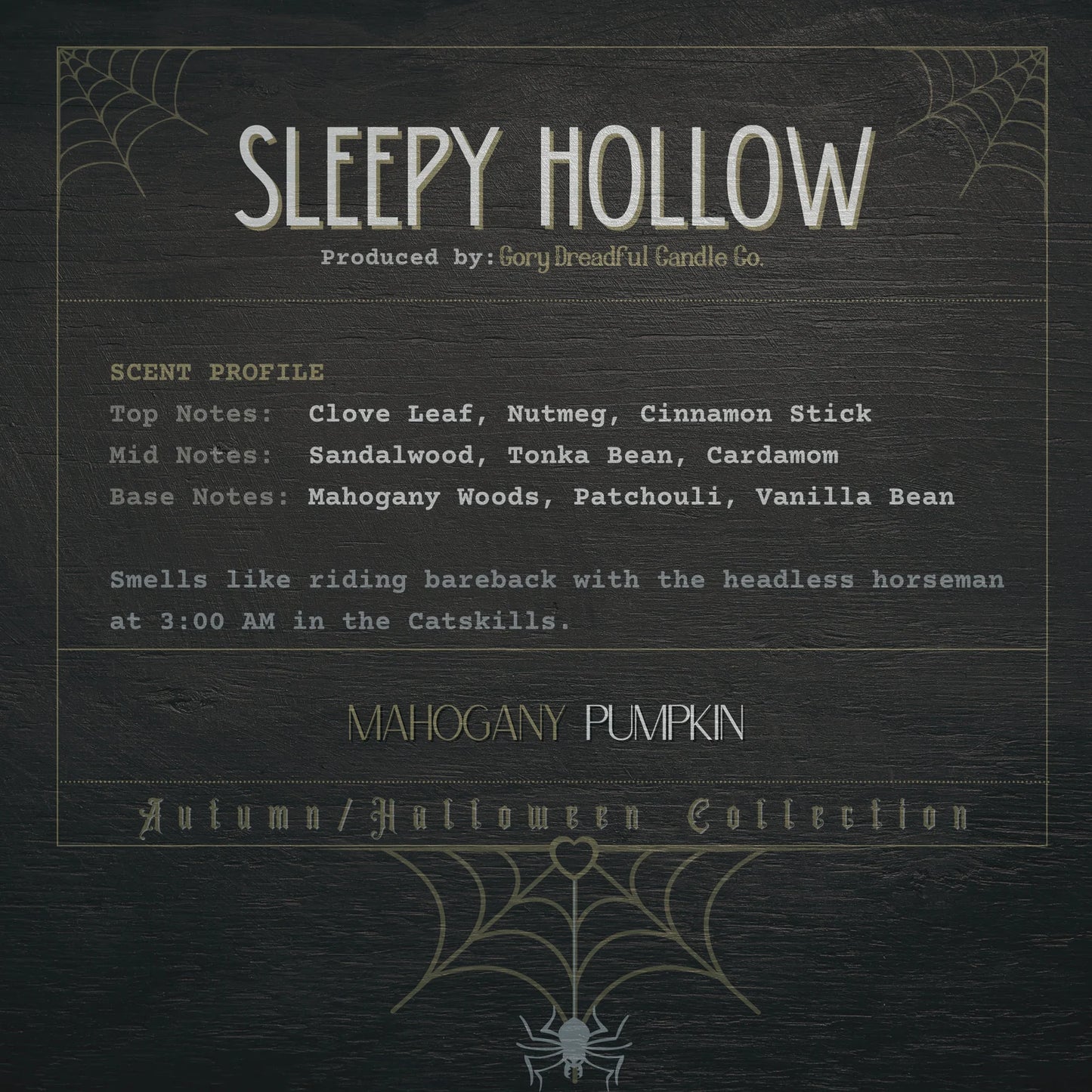 Sleepy Hollow Wickless Candle: Mahogany Pumpkin Scent