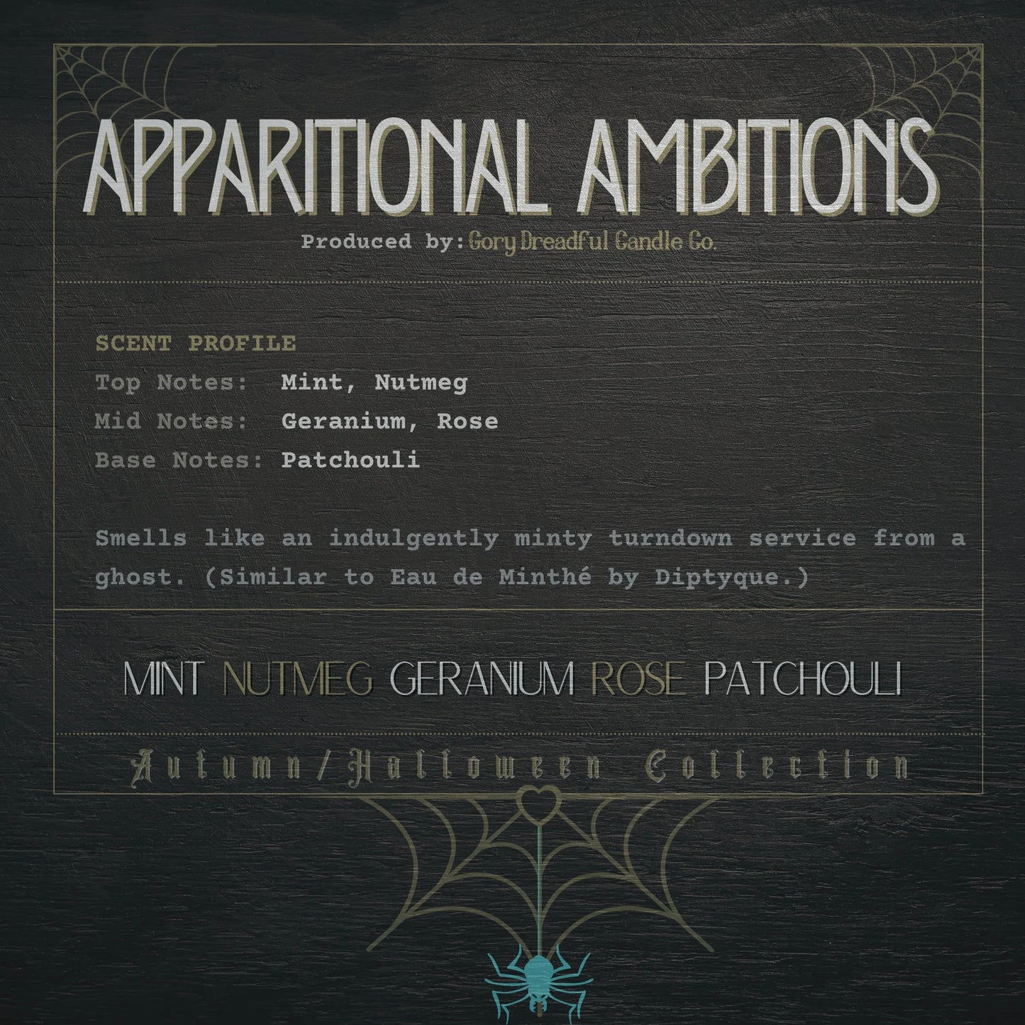 Apparitional Ambitions Wickless Candle: Mint Nutmeg Geranium Rose Patchouli Scent
