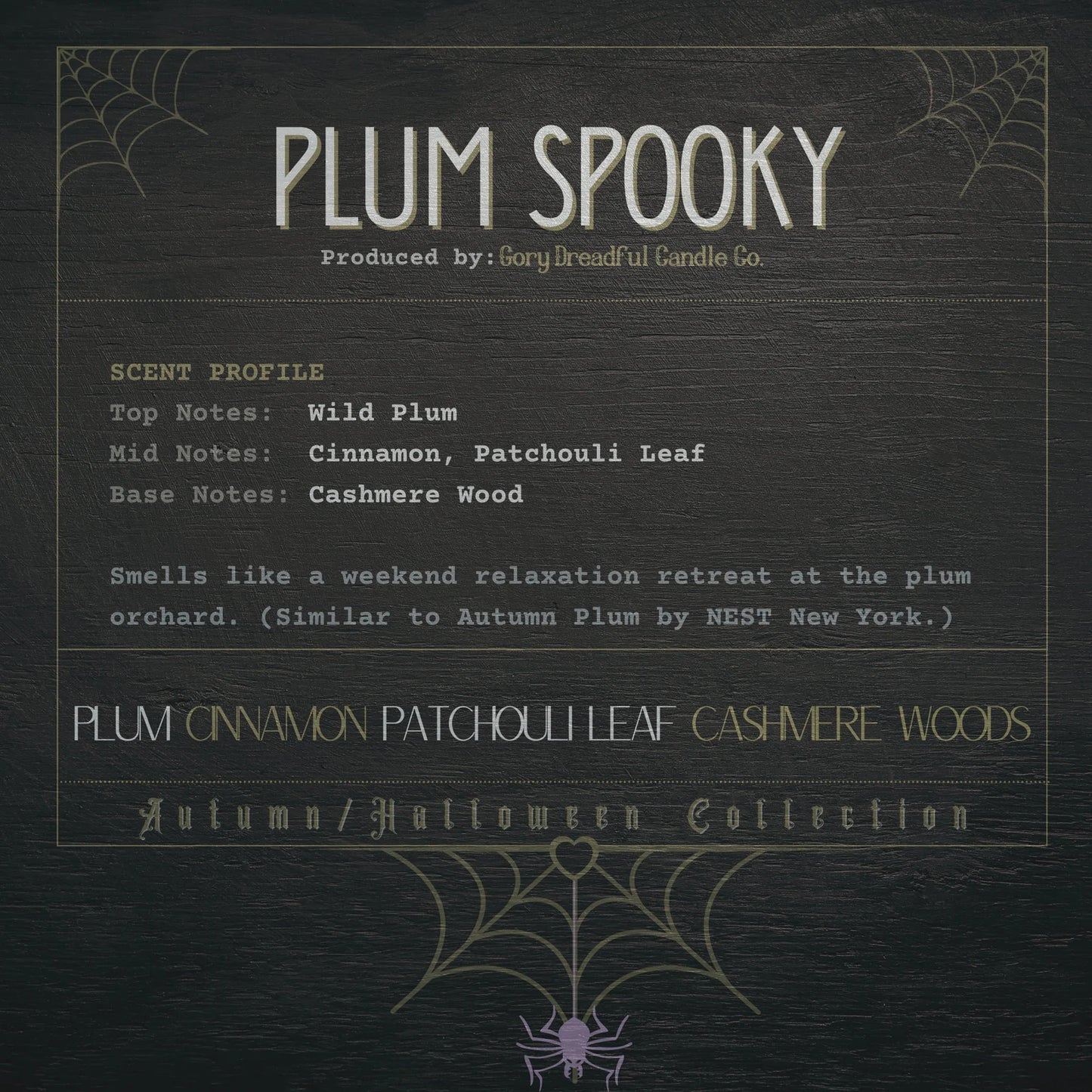 Plum Spooky Wickless Candle: Plum Cinnamon Patchouli Leaf Cashmere Woods Scent