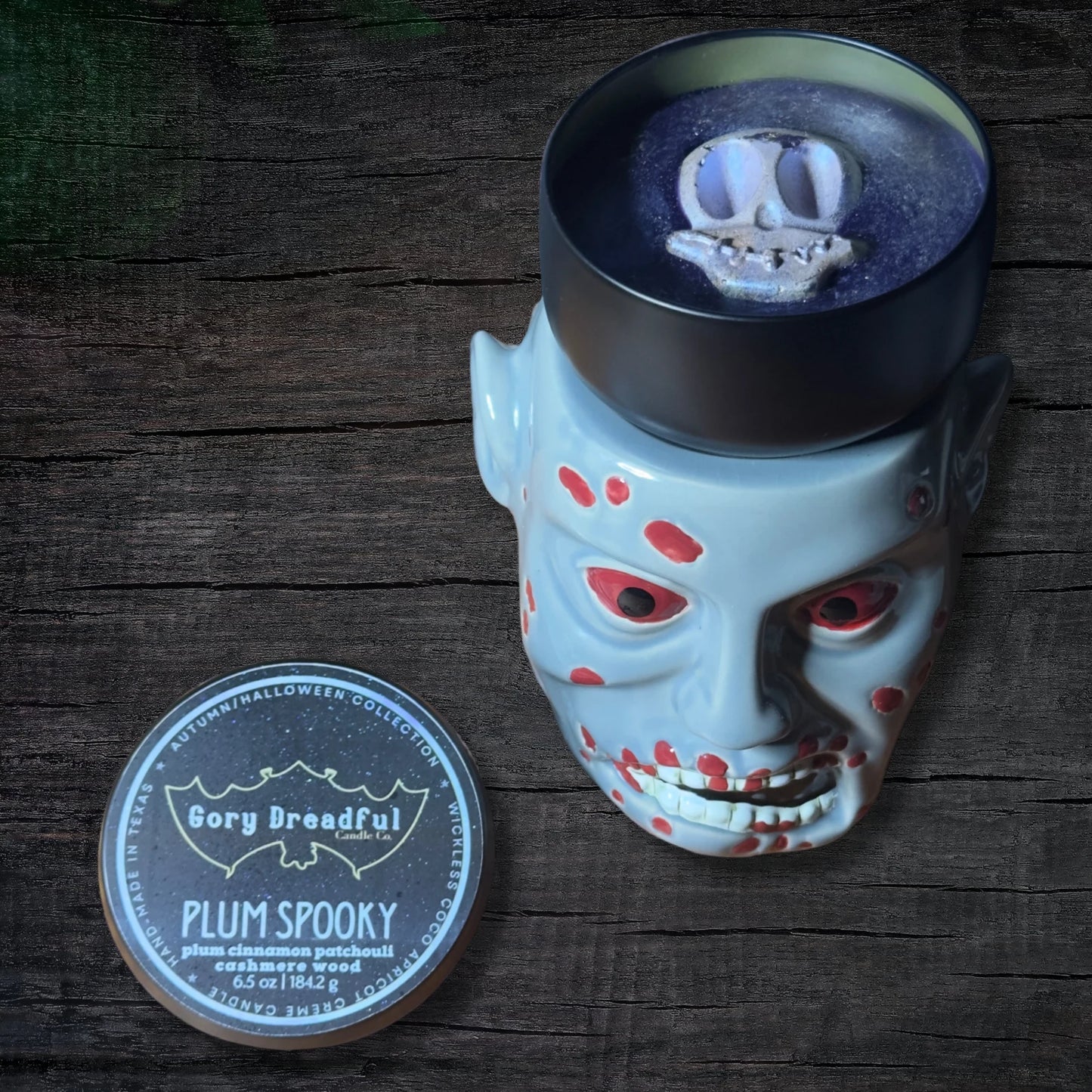 Plum Spooky Wickless Candle: Plum Cinnamon Patchouli Leaf Cashmere Woods Scent