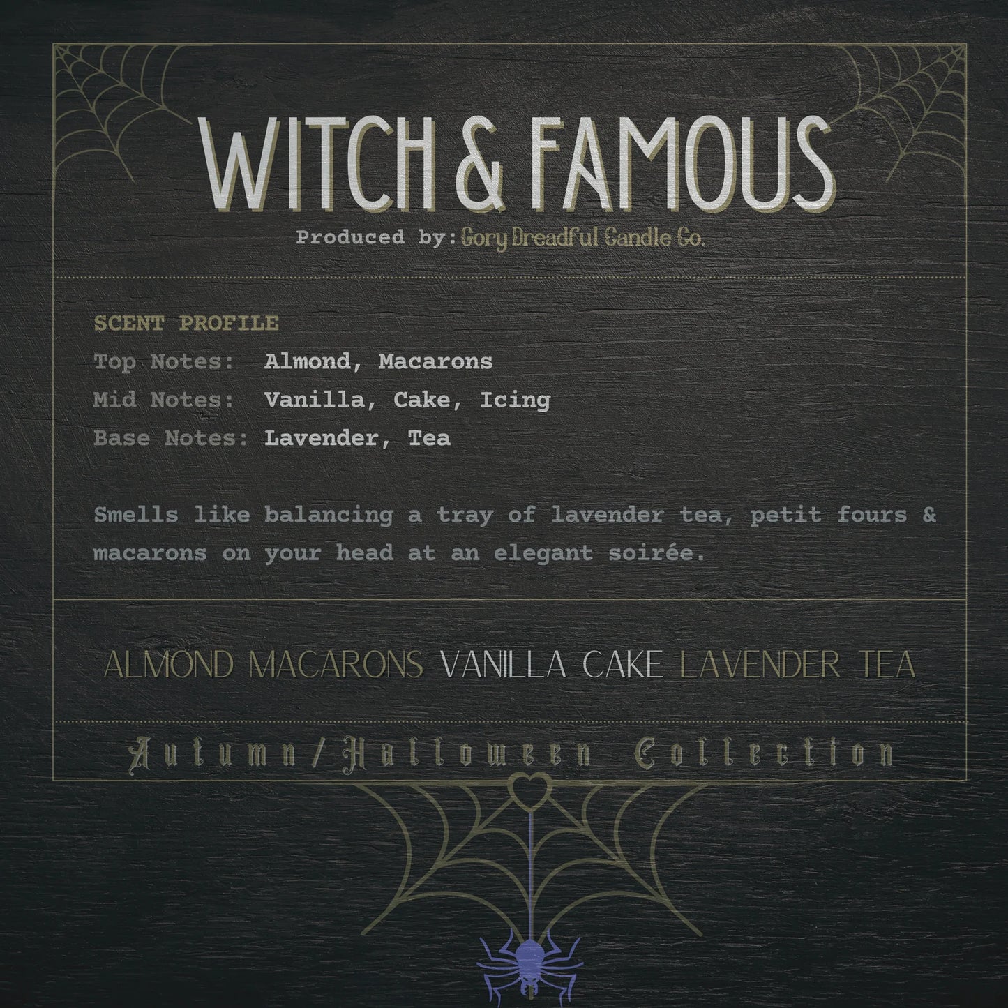 Witch & Famous Wickless Candle: Almond Macarons Vanilla Cake Lavender Tea Scent