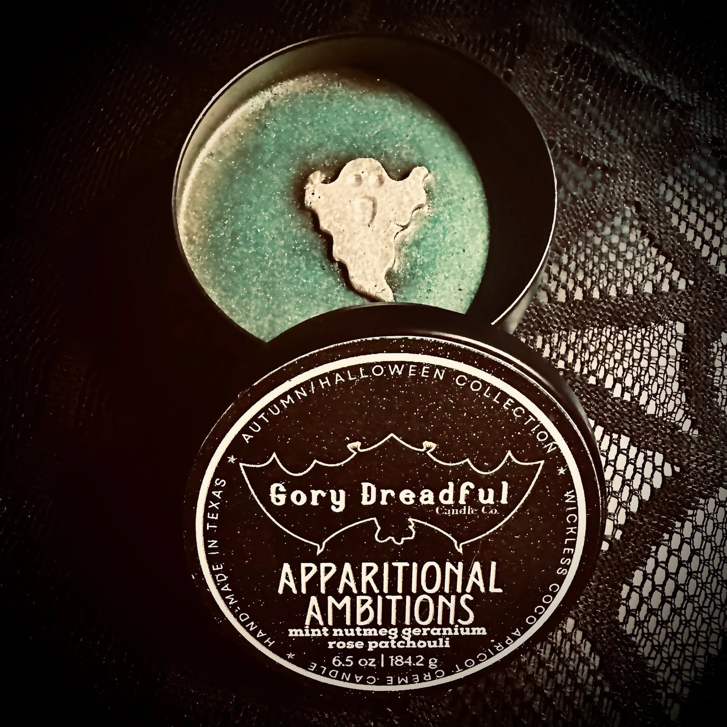 Apparitional Ambitions Wickless Candle: Mint Nutmeg Geranium Rose Patchouli Scent