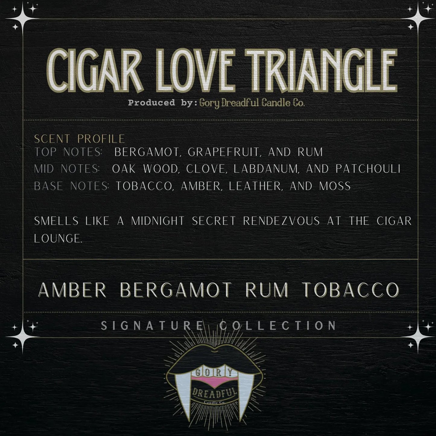 Cigar Love Triangle Signature Luxury Wickless Candle: Amber Bergamot Rum Tobacco