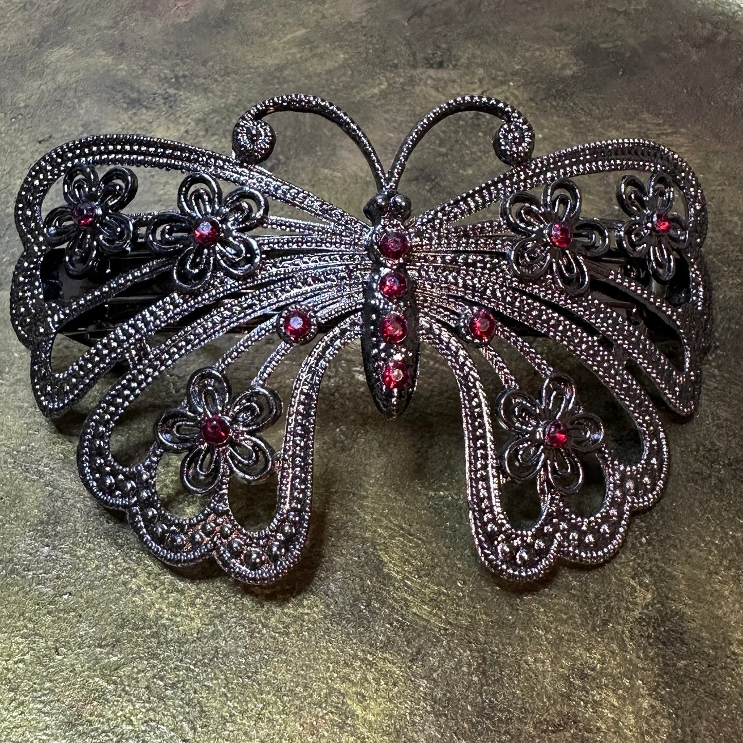 Vintage Ornate Filigree Butterfly Jeweled Metal Hair Clip Barrette