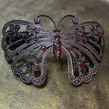 Vintage Ornate Filigree Butterfly Jeweled Metal Hair Clip Barrette