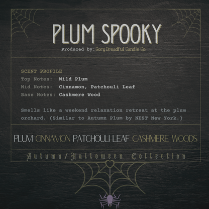 Plum Spooky Crackling Wooden Wick Candle: Plum Cinnamon Patchouli Leaf Cashmere Woods Scent