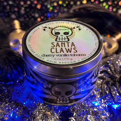 Santa Claws Luxury Crackling Wooden Wick Candle Tin: Cherry Vanilla Tobacco Scent