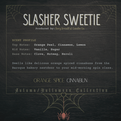 Slasher Sweetie Crackling Wooden Wick Candle: Orange Spice Cinnabun Scent