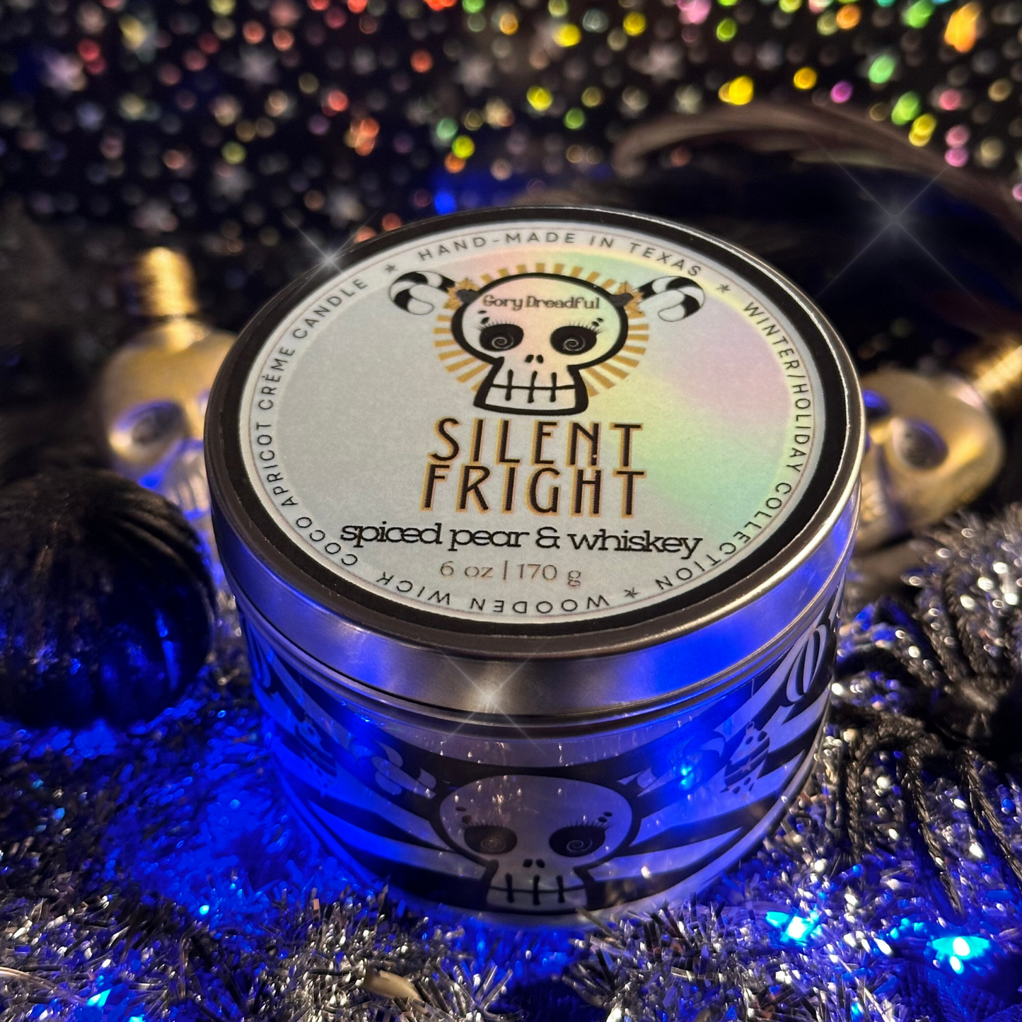 Silent Fright Luxury Crackling Wooden Wick Candle Tin: Spiced Pear & Whiskey Scent