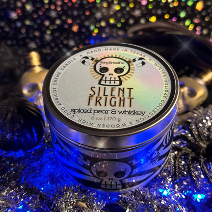 Silent Fright Luxury Crackling Wooden Wick Candle Tin: Spiced Pear & Whiskey Scent