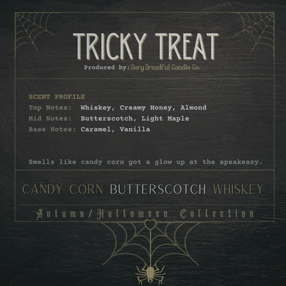 Tricky Treat Crackling Wooden Wick Candle: Candy Corn Butterscotch Whiskey Scent