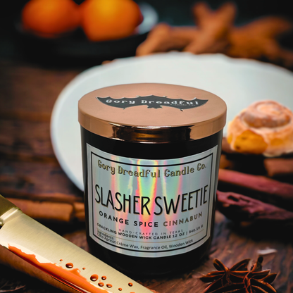Slasher Sweetie Crackling Wooden Wick Candle: Orange Spice Cinnabun Scent