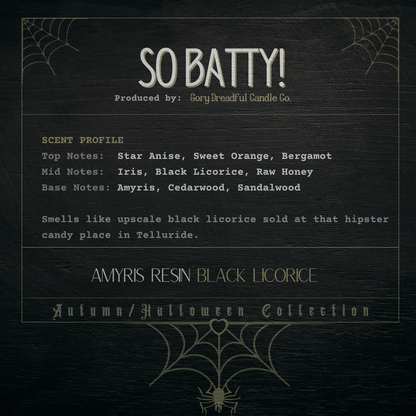 So Batty! Crackling Wooden Wick Candle: Amyris Resin Black Licorice Scent