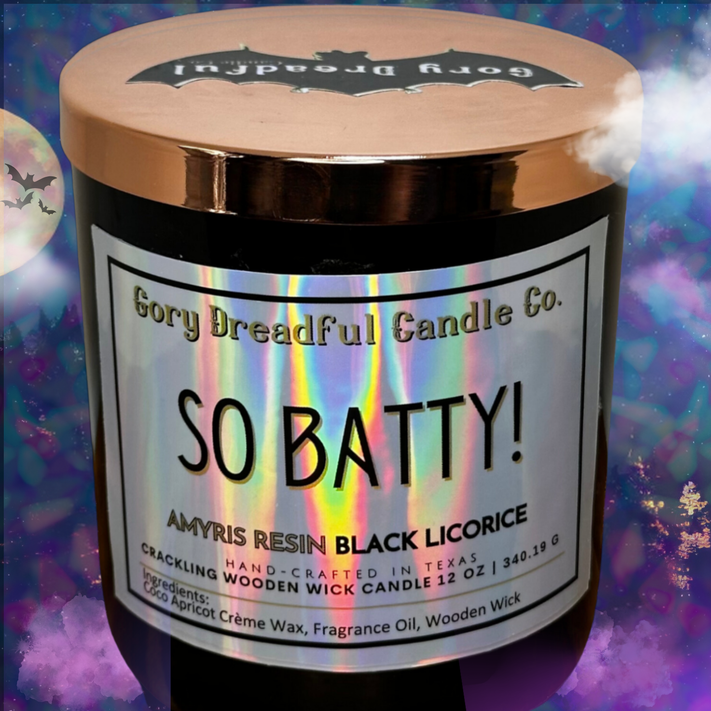 So Batty! Crackling Wooden Wick Candle: Amyris Resin Black Licorice Scent