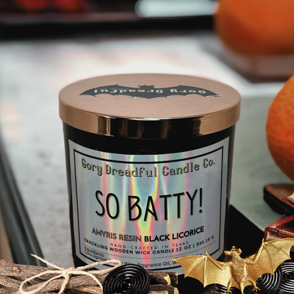 So Batty! Crackling Wooden Wick Candle: Amyris Resin Black Licorice Scent