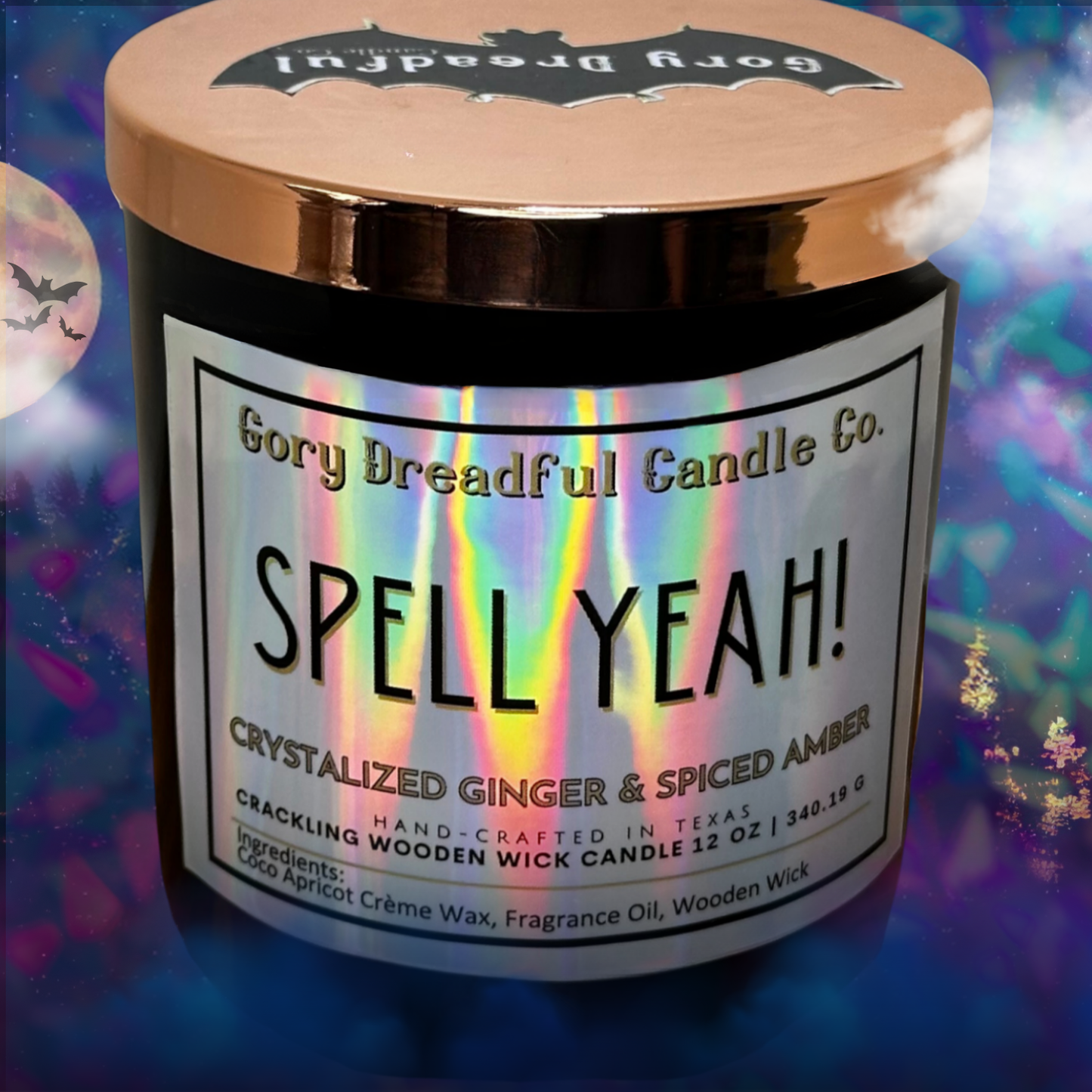 Spell Yeah! Crackling Wooden Wick Candle: Crystallized Ginger & Spiced Amber Scent