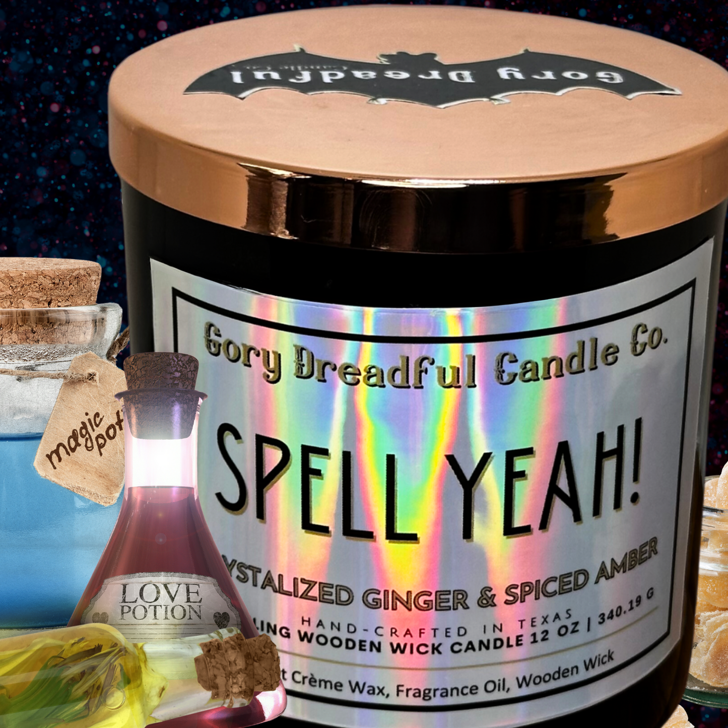 Spell Yeah! Crackling Wooden Wick Candle: Crystallized Ginger & Spiced Amber Scent