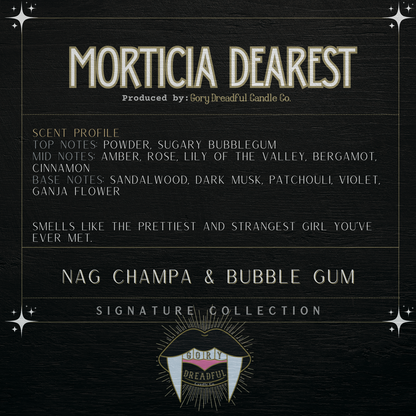 Morticia Dearest Signature Luxury Wickless Candle: Nag Champa & Bubblegum