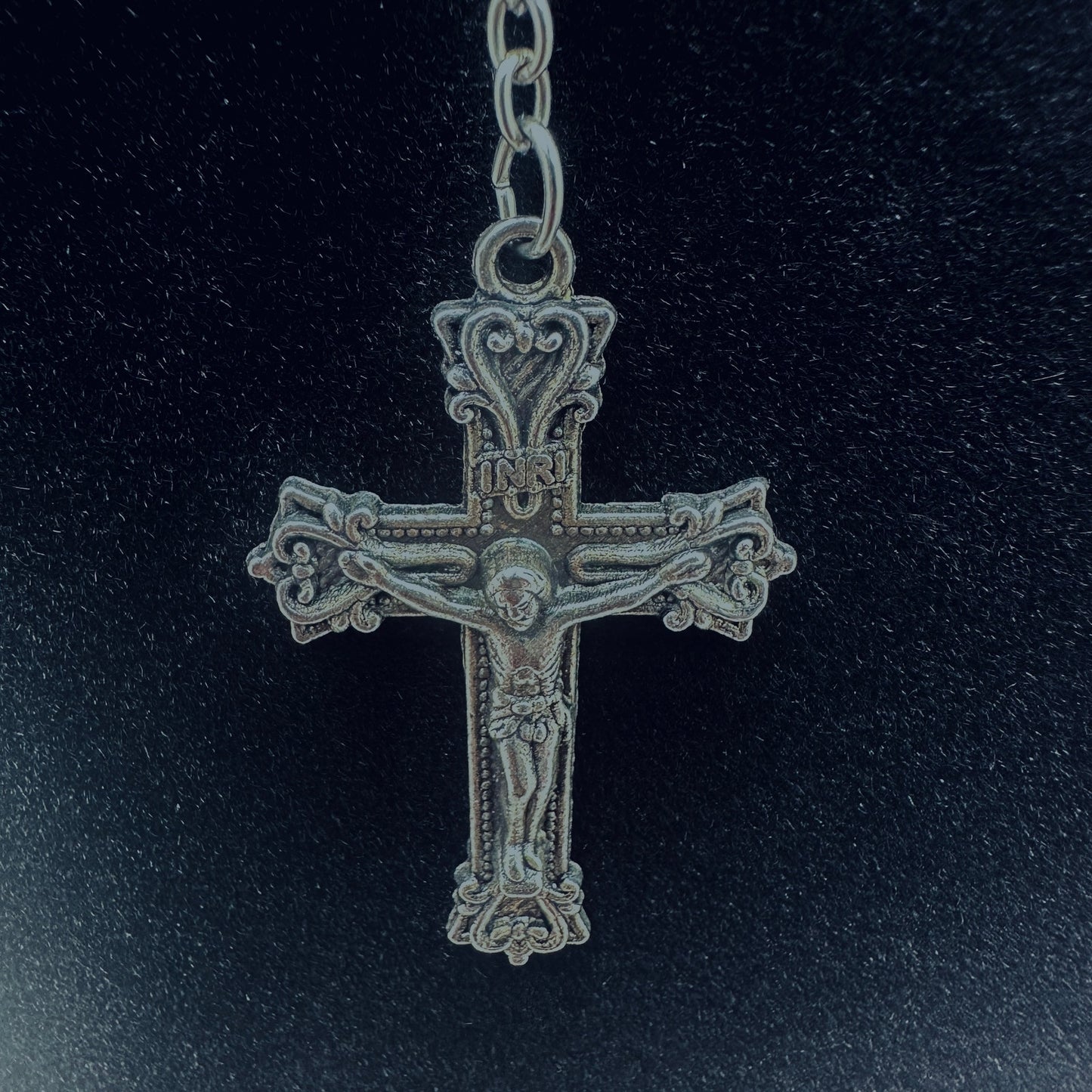 Vintage Black Iridescent Glass Bead Rosary, Catholic Prayer Beads, Silvertone Crucifix