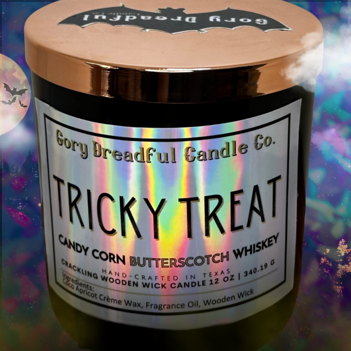 Tricky Treat Crackling Wooden Wick Candle: Candy Corn Butterscotch Whiskey Scent