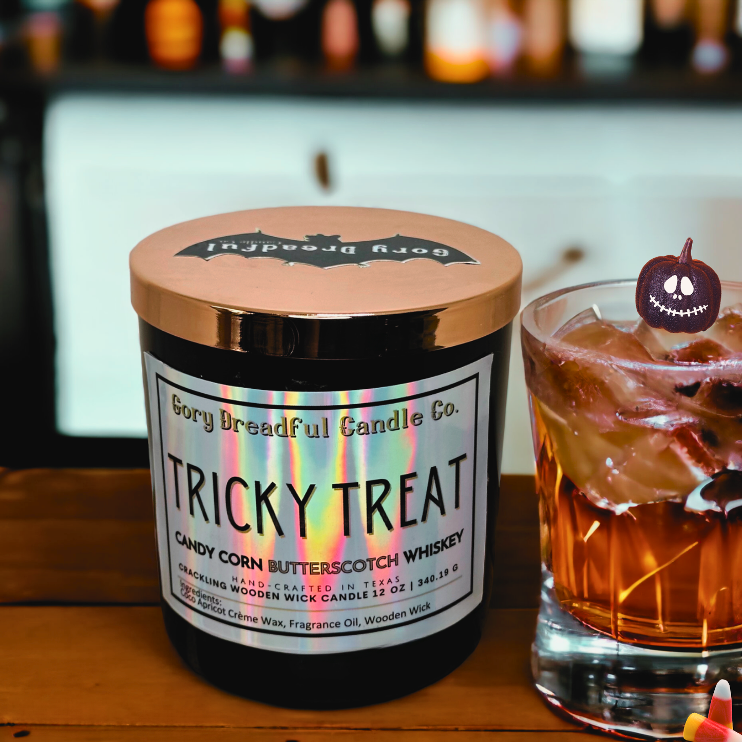 Tricky Treat Crackling Wooden Wick Candle: Candy Corn Butterscotch Whiskey Scent