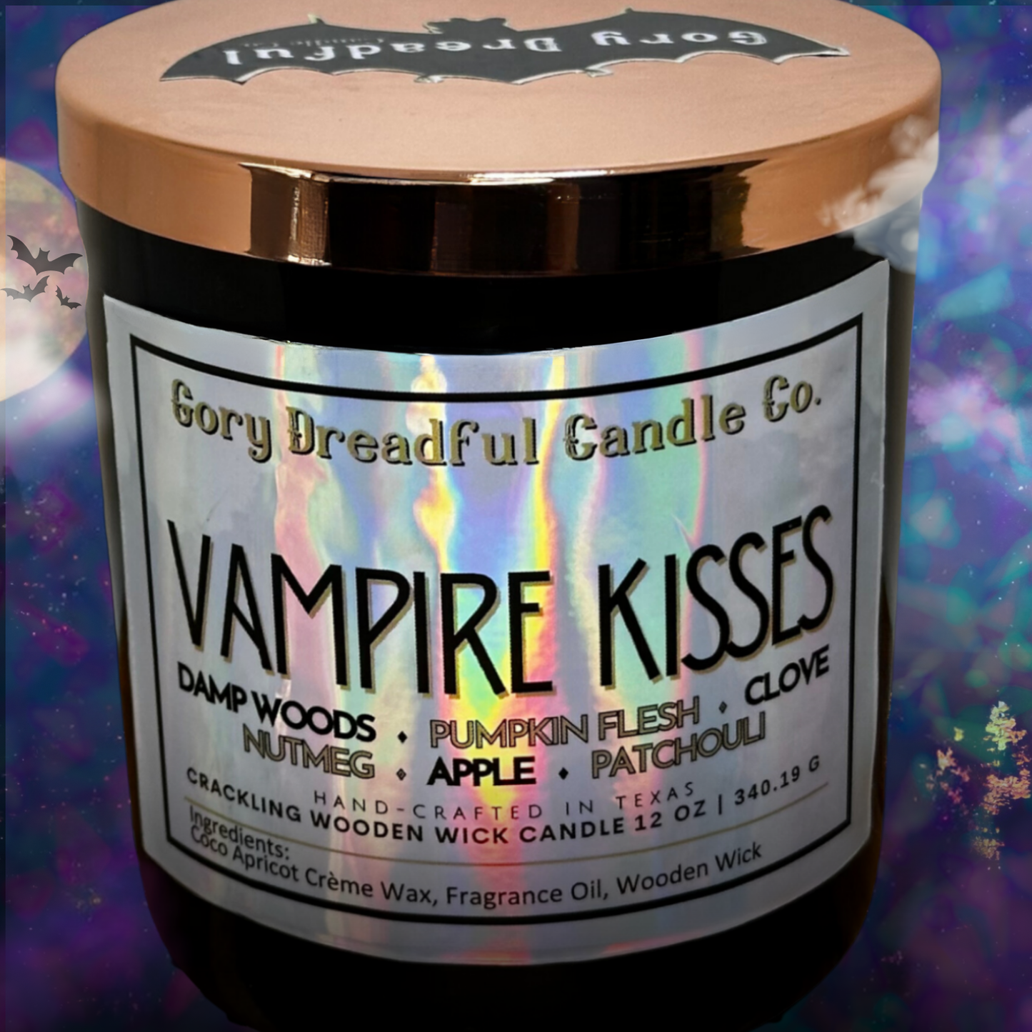 Vampire Kisses Crackling Wooden Wick Candle: Damp Woods Pumpkin Flesh Clove Nutmeg Apple Patchouli Scent