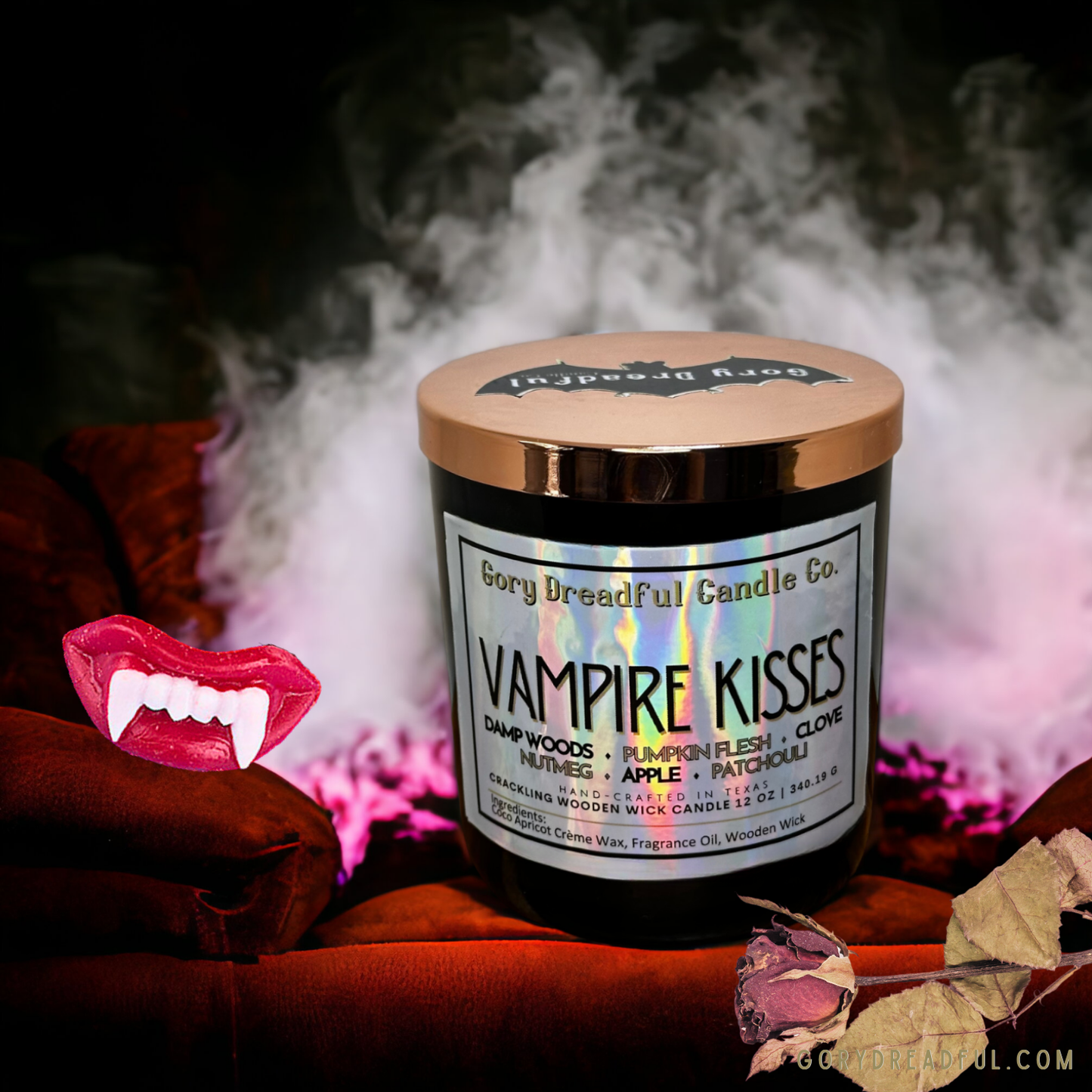 Vampire Kisses Crackling Wooden Wick Candle: Damp Woods Pumpkin Flesh Clove Nutmeg Apple Patchouli Scent