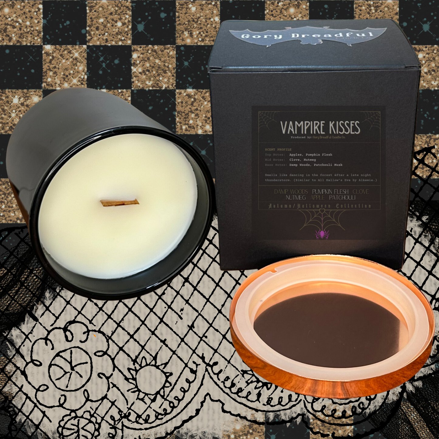 Vampire Kisses Crackling Wooden Wick Candle: Damp Woods Pumpkin Flesh Clove Nutmeg Apple Patchouli Scent