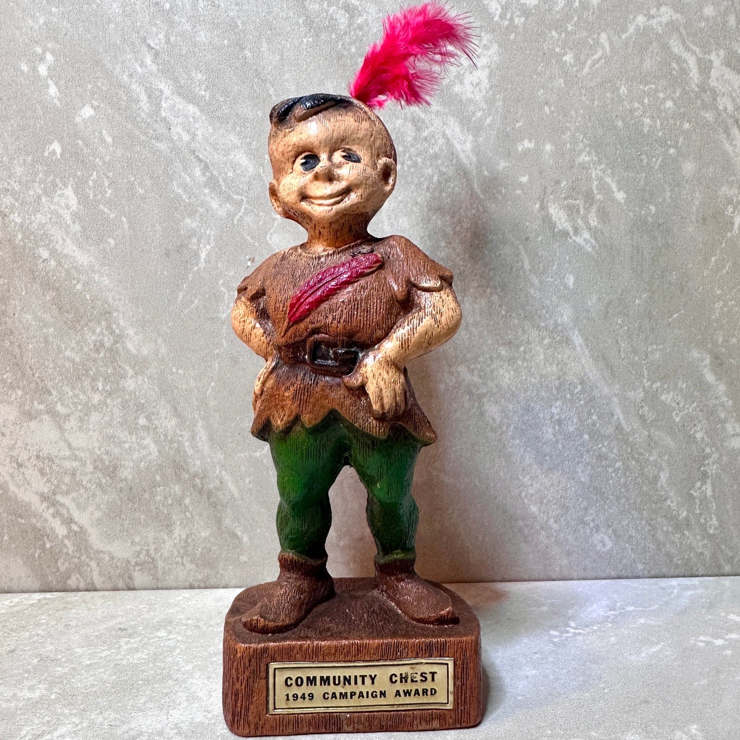 1946-49 Vintage Peter Pan with red feather Community Chest award trophy figurine