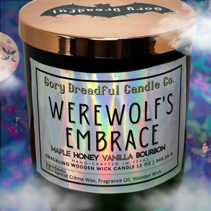 Werewolf's Embrace Crackling Wooden Wick Candle: Maple Honey Vanilla Bourbon Scent