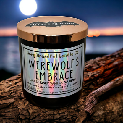Werewolf's Embrace Crackling Wooden Wick Candle: Maple Honey Vanilla Bourbon Scent