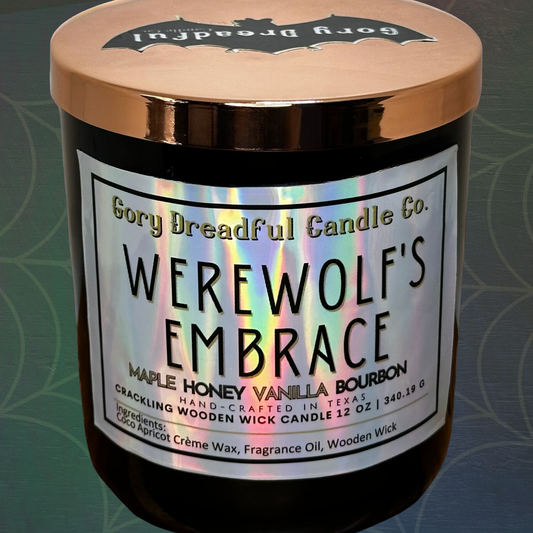 Werewolf's Embrace Crackling Wooden Wick Candle: Maple Honey Vanilla Bourbon Scent